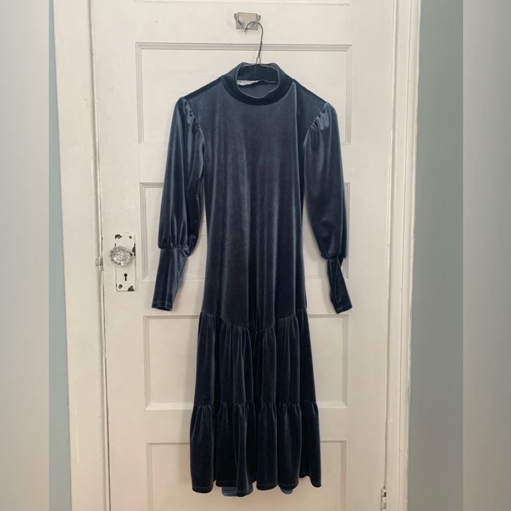 Elegant Blue Velvet Long Sleeve Dress - Made in Canada